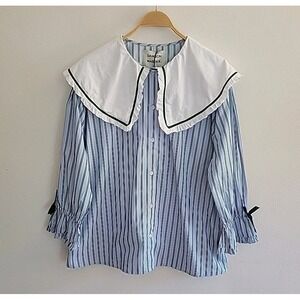 Damson Madder Barbara Steifen Pajama Top 14 Blue Green Stripe Organic Cotton